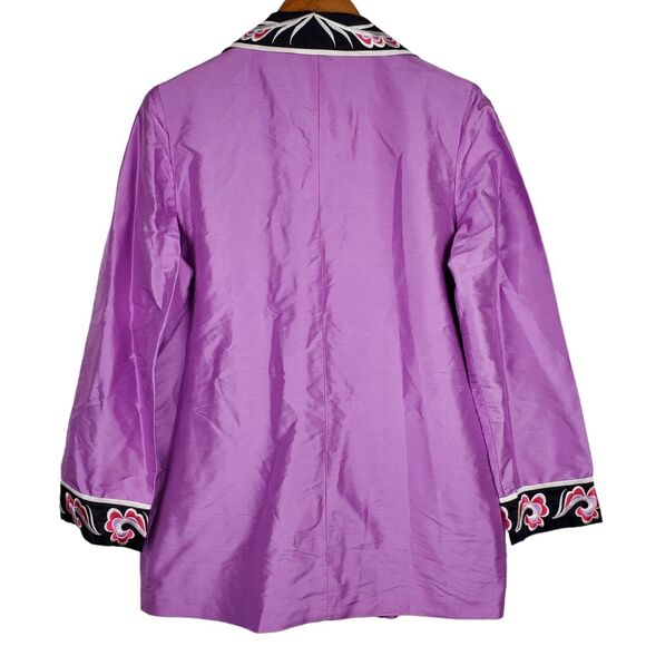 Bob Mackie Purple Floral Embroidered Button Long Sleeve 100% Silk Jacket Sz S - Picture 2 of 4
